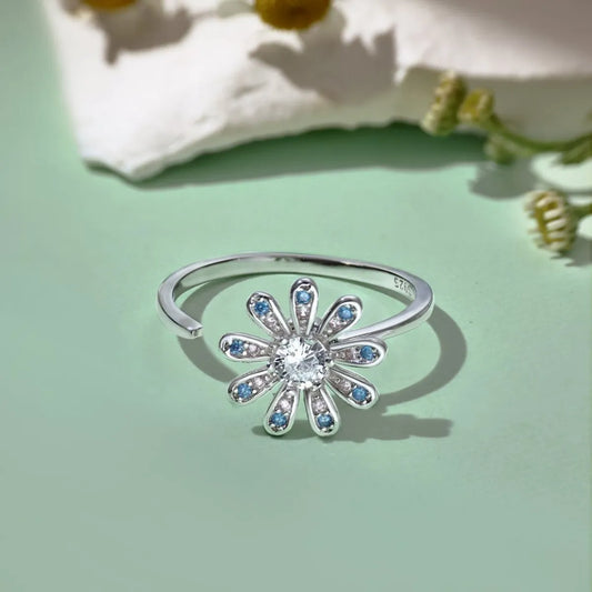 925 Silver Rotating Flower Ring Adjustable Stress Relief Spinner