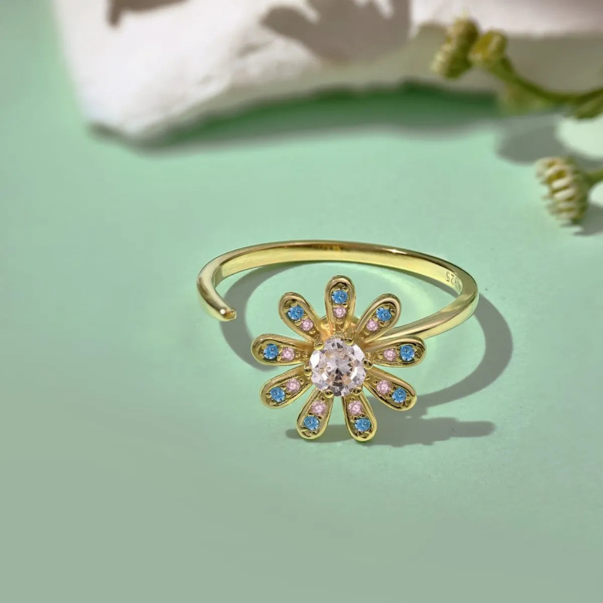 925 Silver Rotating Flower Ring Adjustable Stress Relief Spinner
