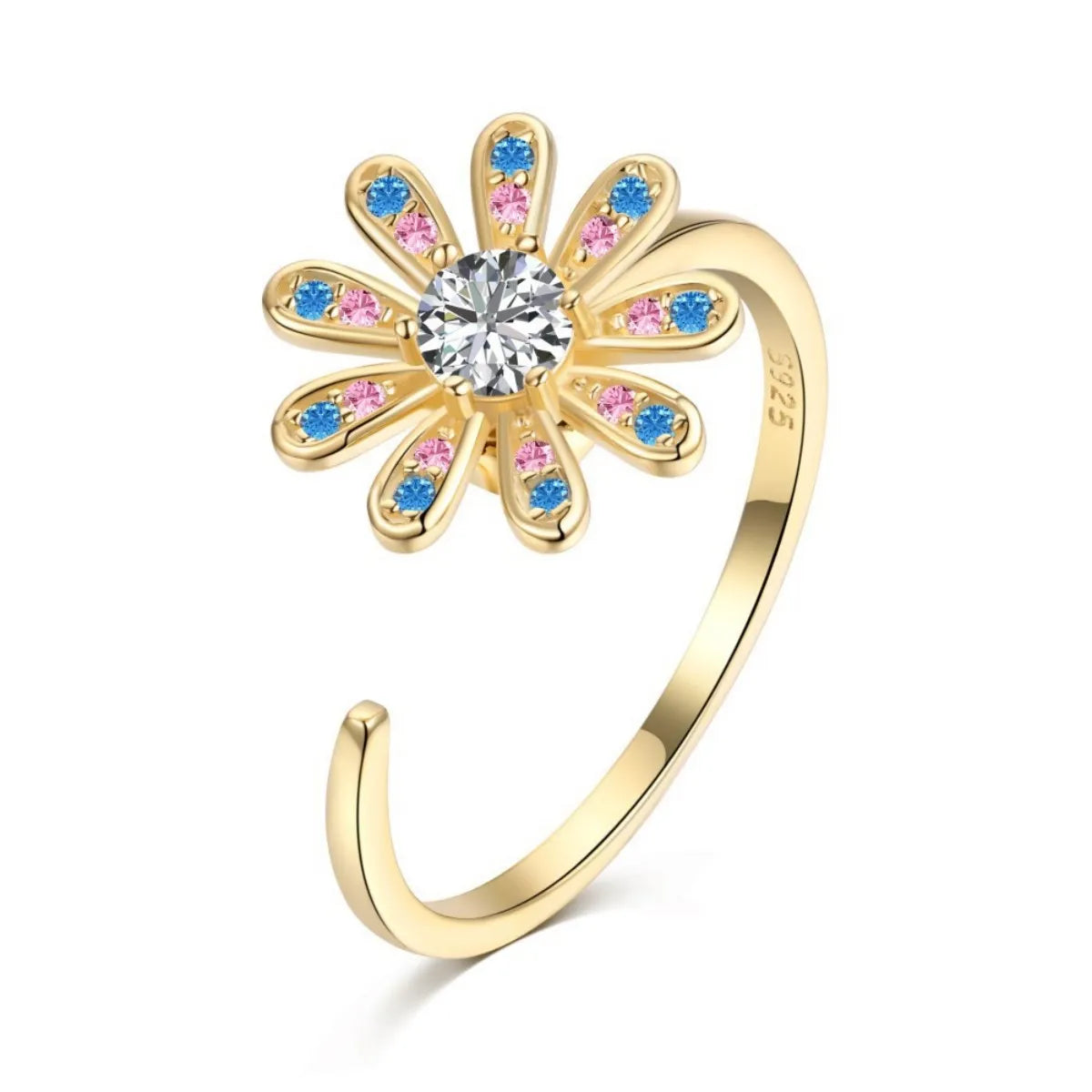 925 Silver Rotating Flower Ring Adjustable Stress Relief Spinner