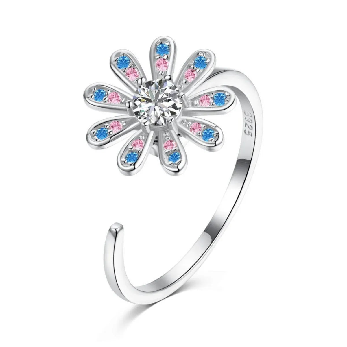 925 Silver Rotating Flower Ring Adjustable Stress Relief Spinner