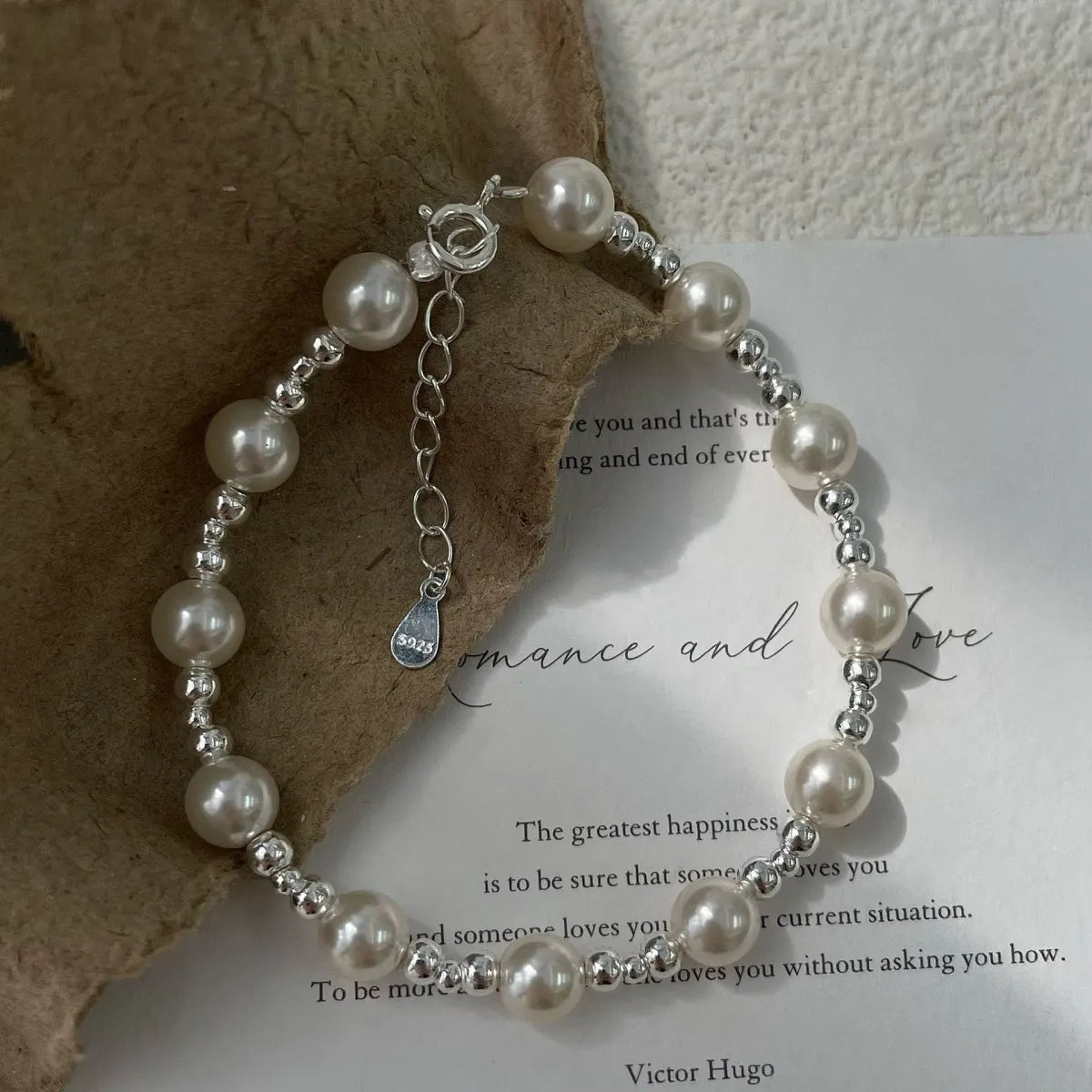 925 Silver Pearl Bracelet Beaded Elegant Classic Jewelry