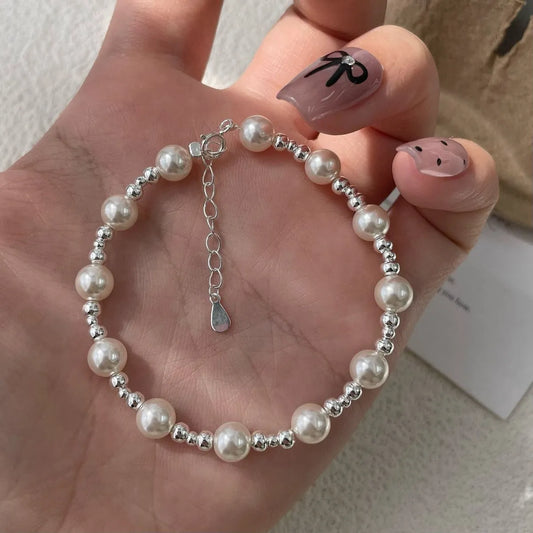 925 Silver Pearl Bracelet Beaded Elegant Classic Jewelry