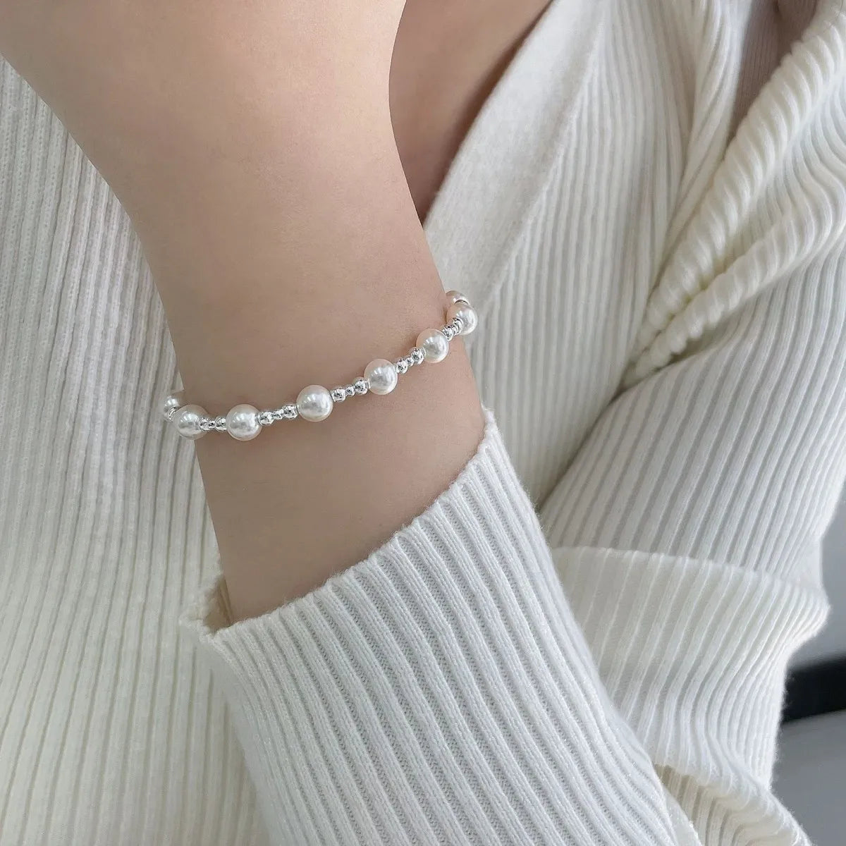 925 Silver Pearl Bracelet Beaded Elegant Classic Jewelry