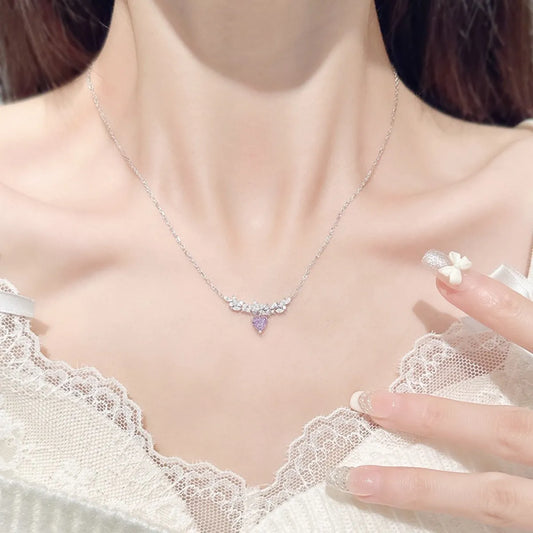 925 Silver Purple Heart Necklace Zircon Pendant Elegant