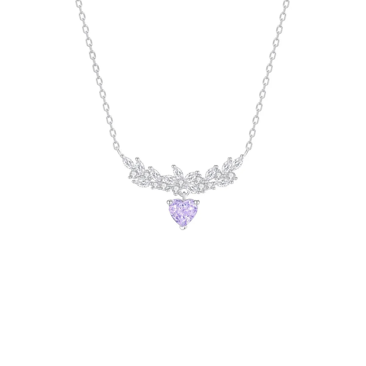 925 Silver Purple Heart Necklace Zircon Pendant Elegant