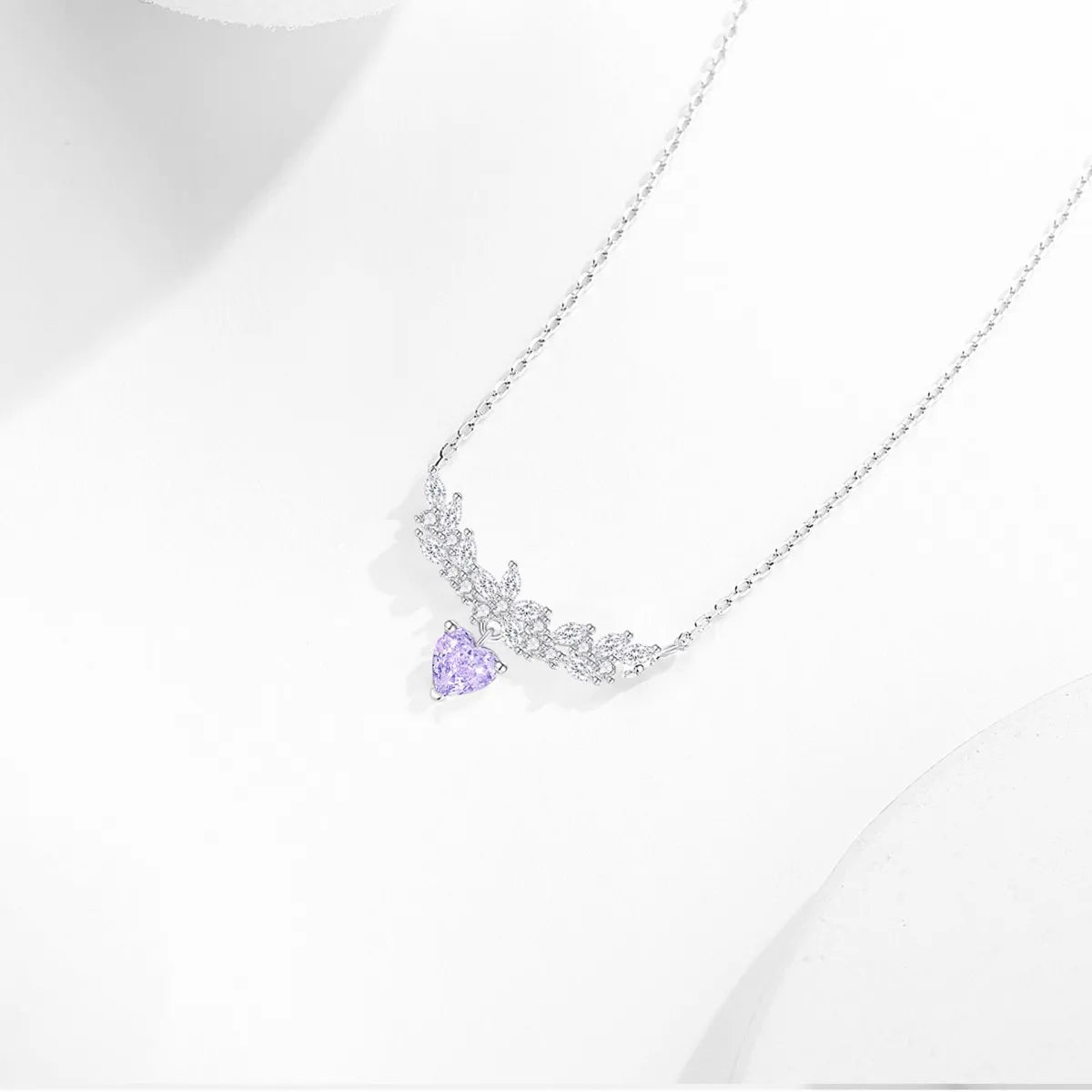 925 Silver Purple Heart Necklace Zircon Pendant Elegant
