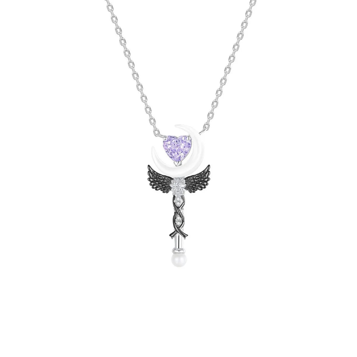 925 Silver Heart Moon Necklace Wand Pendant Pink or Purple