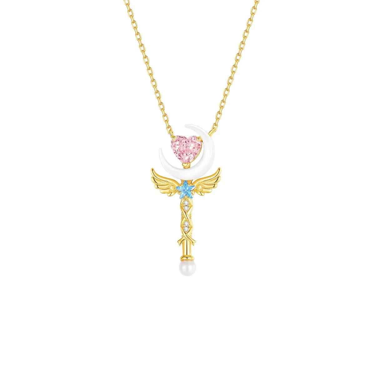 925 Silver Heart Moon Necklace Wand Pendant Pink or Purple