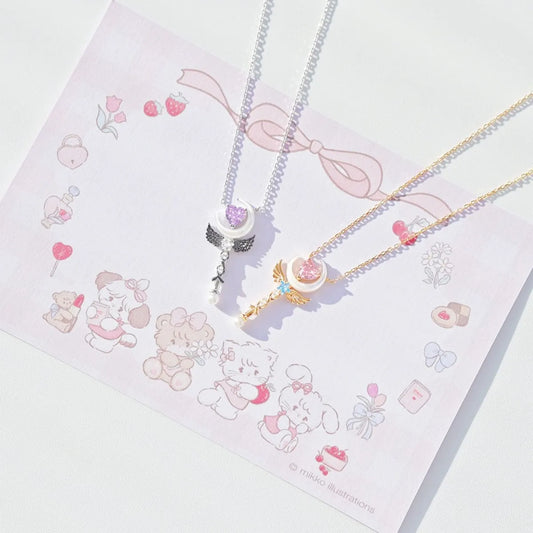 925 Silver Heart Moon Necklace Wand Pendant Pink or Purple