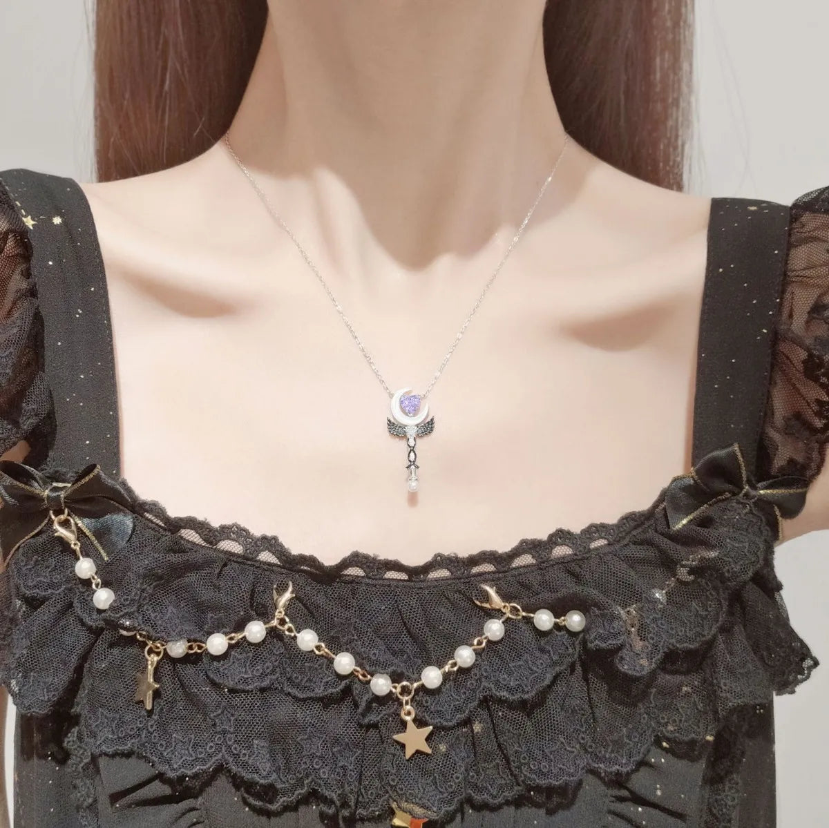 925 Silver Heart Moon Necklace Wand Pendant Pink or Purple