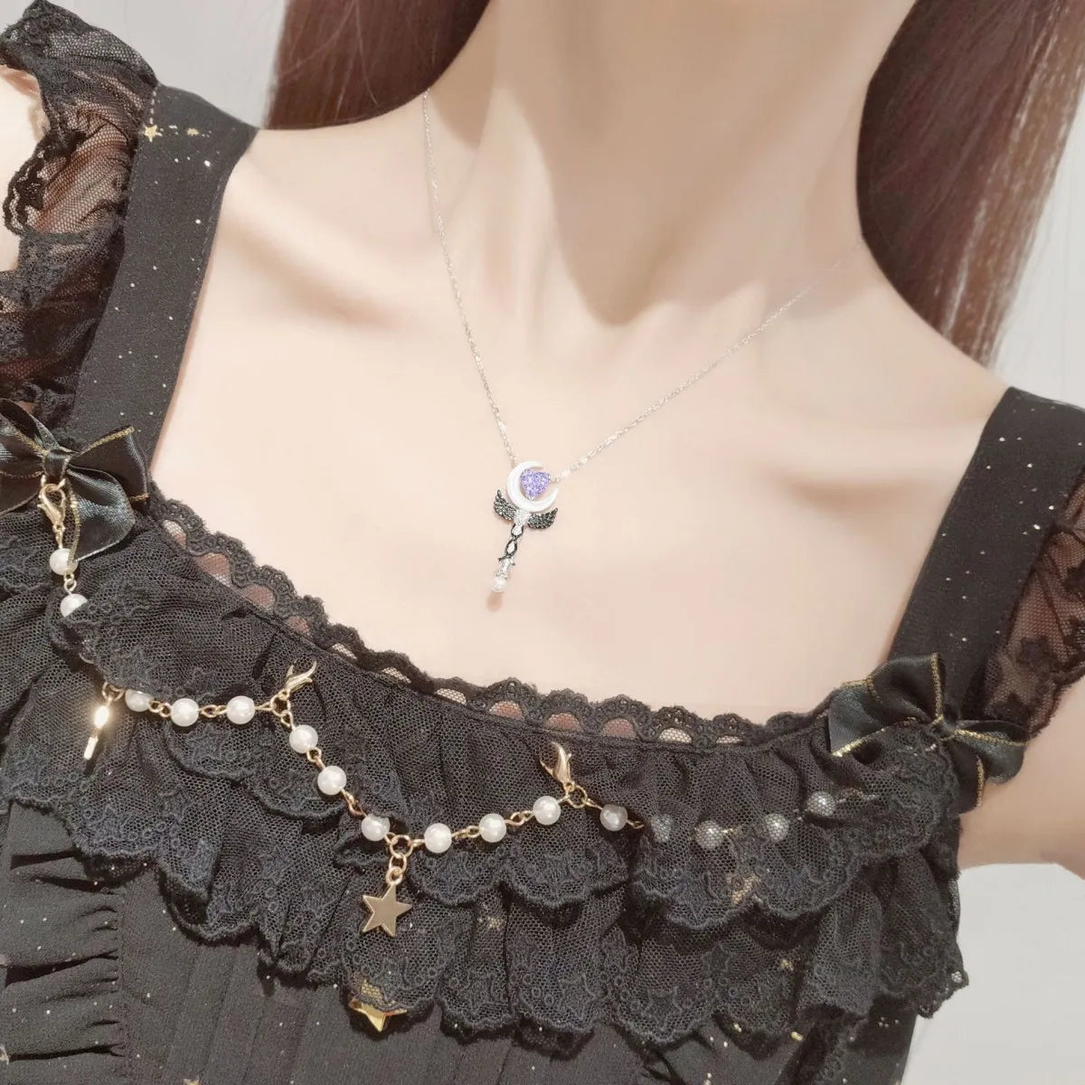 925 Silver Heart Moon Necklace Wand Pendant Pink or Purple