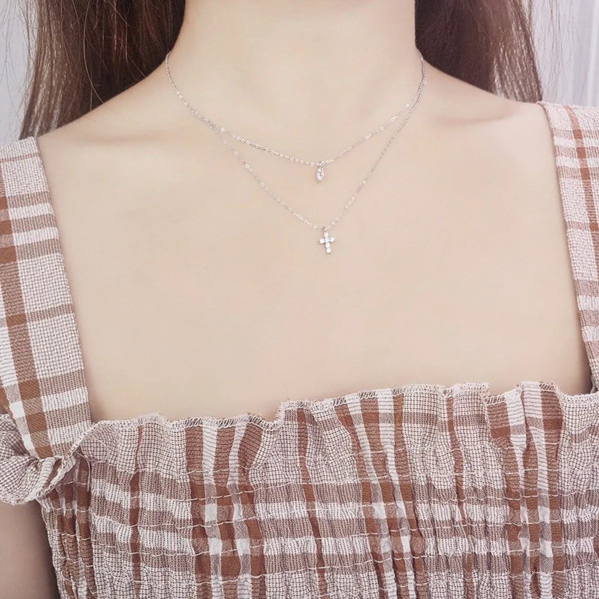 925 Silver Cross Necklace Double Chain Zircon Pendant