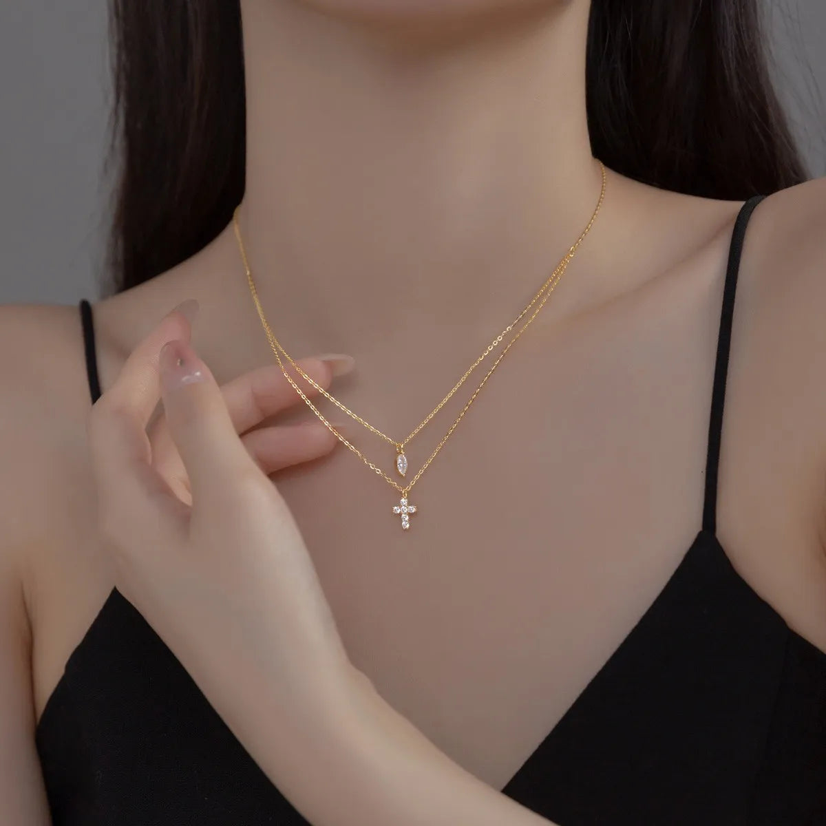 925 Silver Cross Necklace Double Chain Zircon Pendant