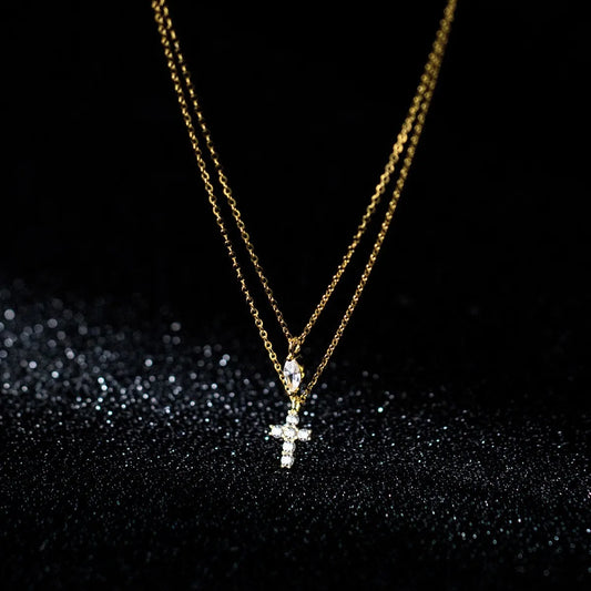 925 Silver Cross Necklace Double Chain Zircon Pendant
