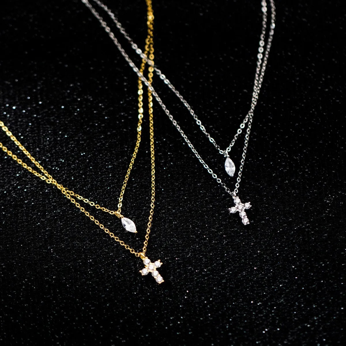 925 Silver Cross Necklace Double Chain Zircon Pendant