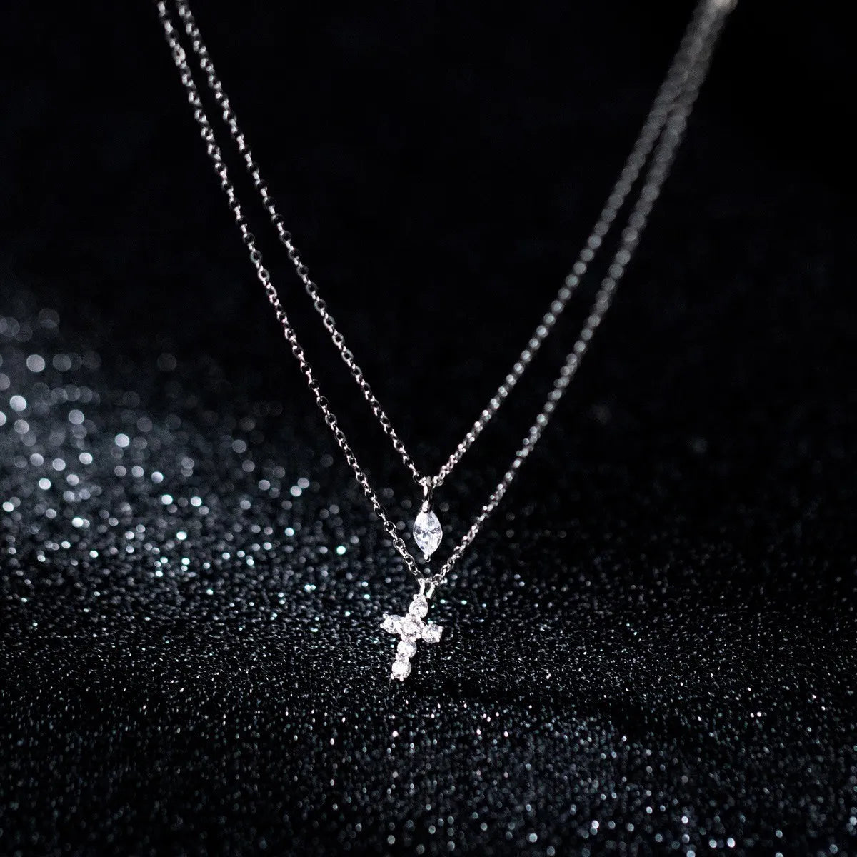 925 Silver Cross Necklace Double Chain Zircon Pendant