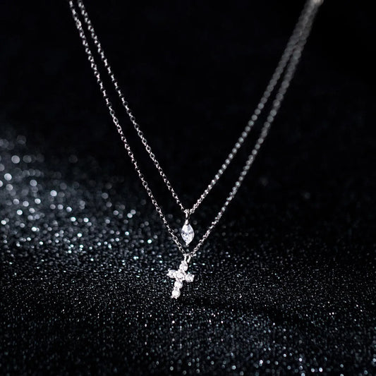 925 Silver Cross Necklace Double Chain Zircon Pendant