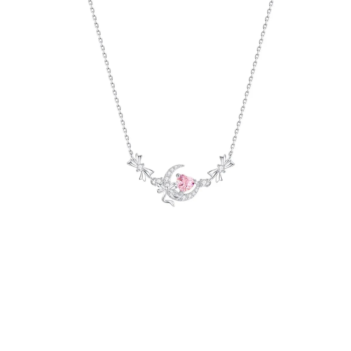 Luna Amour 925 Sterling Silver Pink Crystal Moon & Heart Jewelry Set