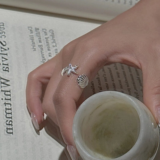 925 Sterling Silver Adjustable Seashell Starfish Ring with Gift Box Packaging