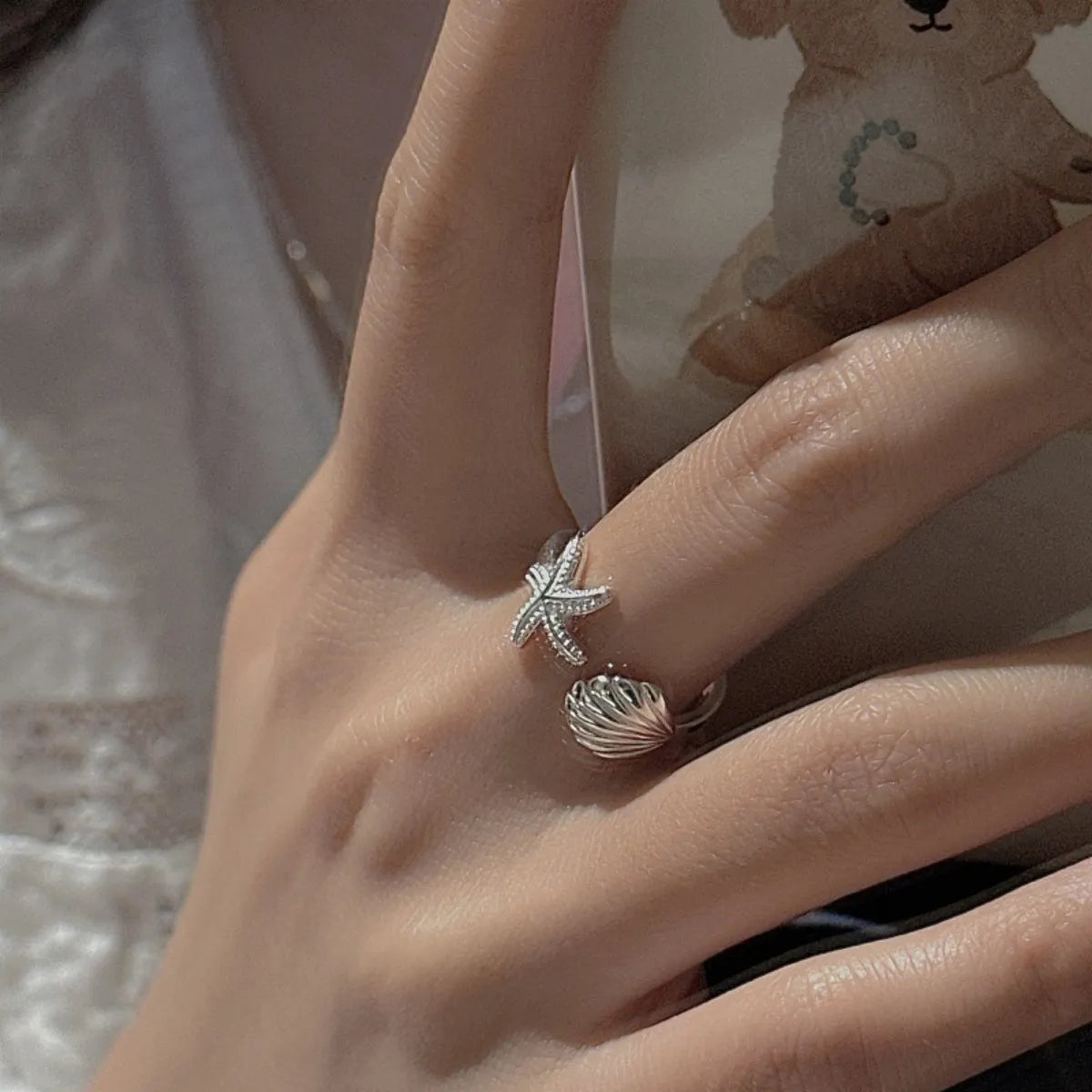 925 Sterling Silver Adjustable Seashell Starfish Ring with Gift Box Packaging