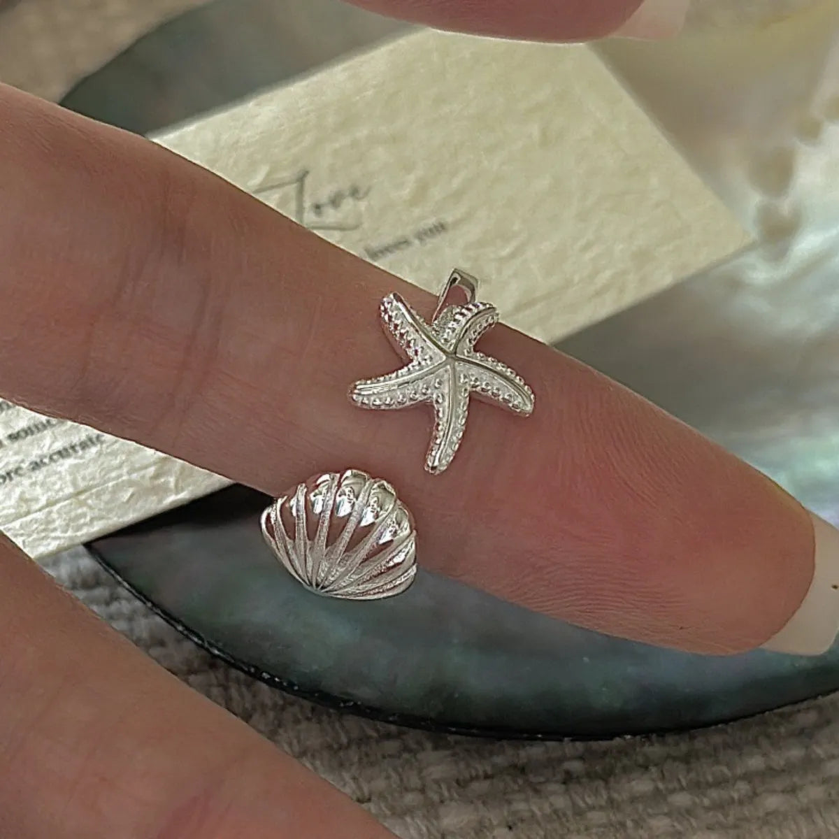 925 Sterling Silver Adjustable Seashell Starfish Ring with Gift Box Packaging