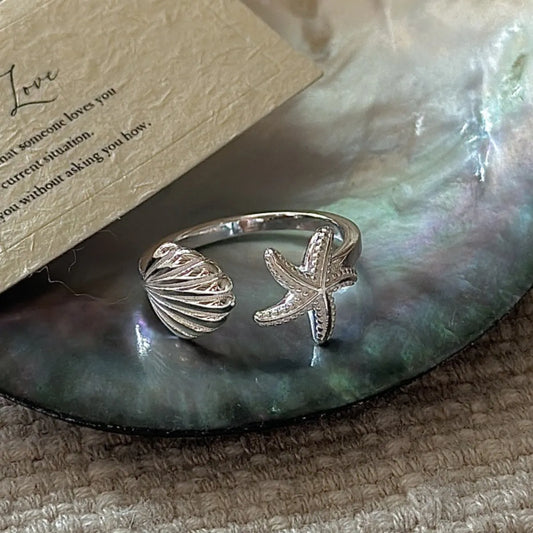 925 Sterling Silver Adjustable Seashell Starfish Ring with Gift Box Packaging