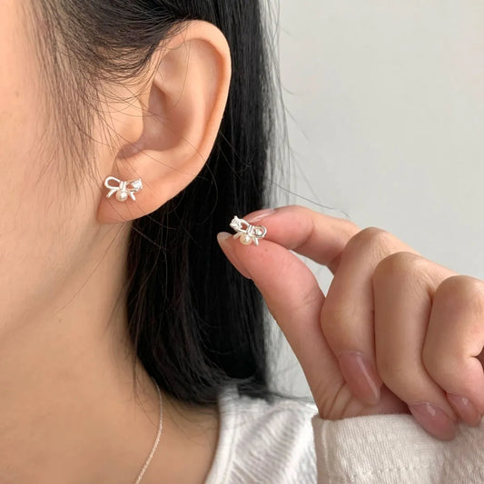 925 Sterling Silver Mini Bow Pearl Stud Earrings with Gift Box Packaging