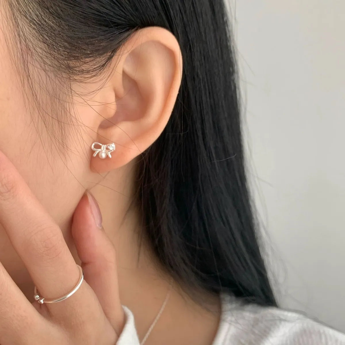 925 Sterling Silver Mini Bow Pearl Stud Earrings with Gift Box Packaging