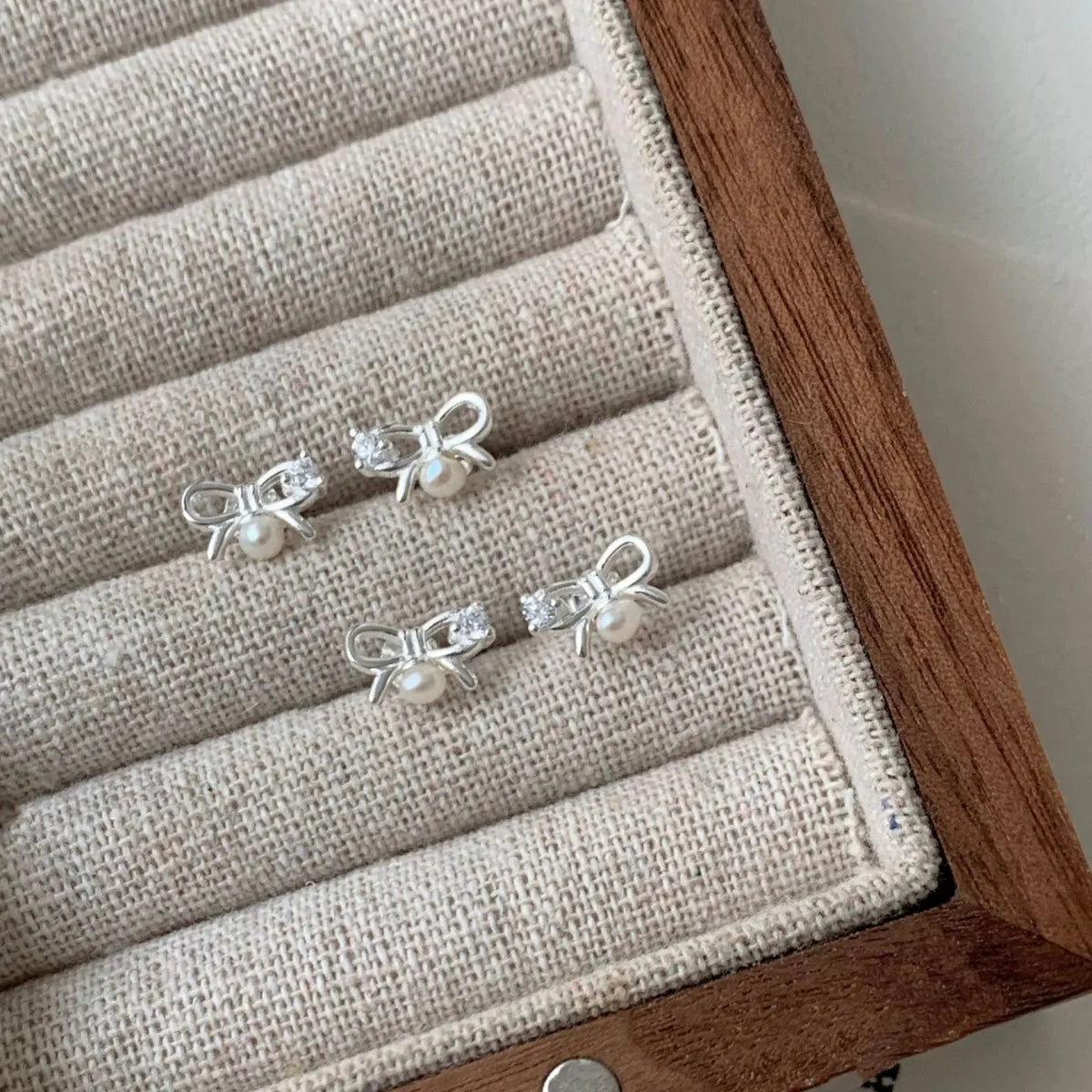 925 Sterling Silver Mini Bow Pearl Stud Earrings with Gift Box Packaging