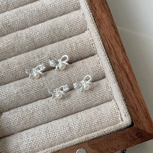 925 Sterling Silver Mini Bow Pearl Stud Earrings with Gift Box Packaging