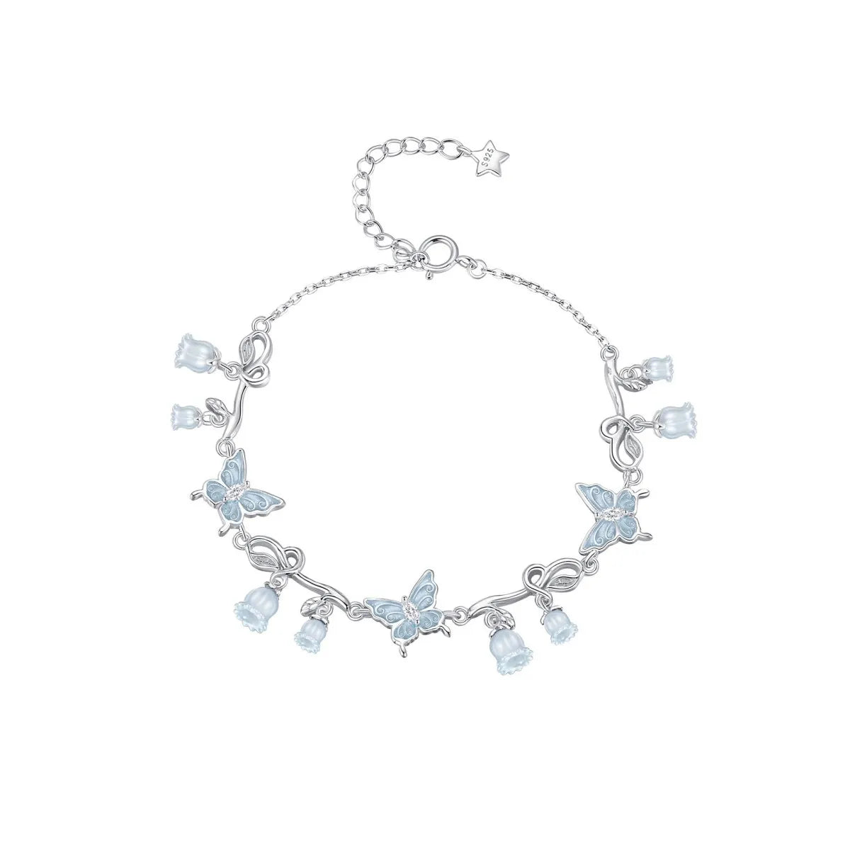 925 Sterling Silver Butterfly & Lily of the Valley Necklace and Bracelet Set with Gift Box