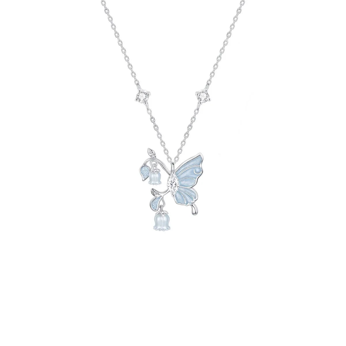 925 Sterling Silver Butterfly & Lily of the Valley Necklace and Bracelet Set with Gift Box