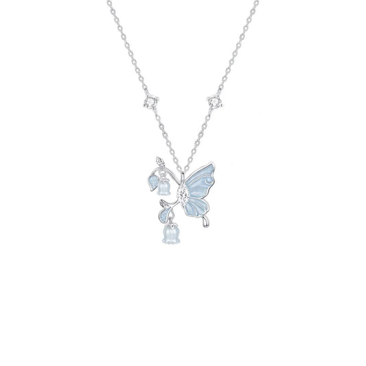 925 Sterling Silver Butterfly & Lily of the Valley Necklace and Bracelet Set with Gift Box