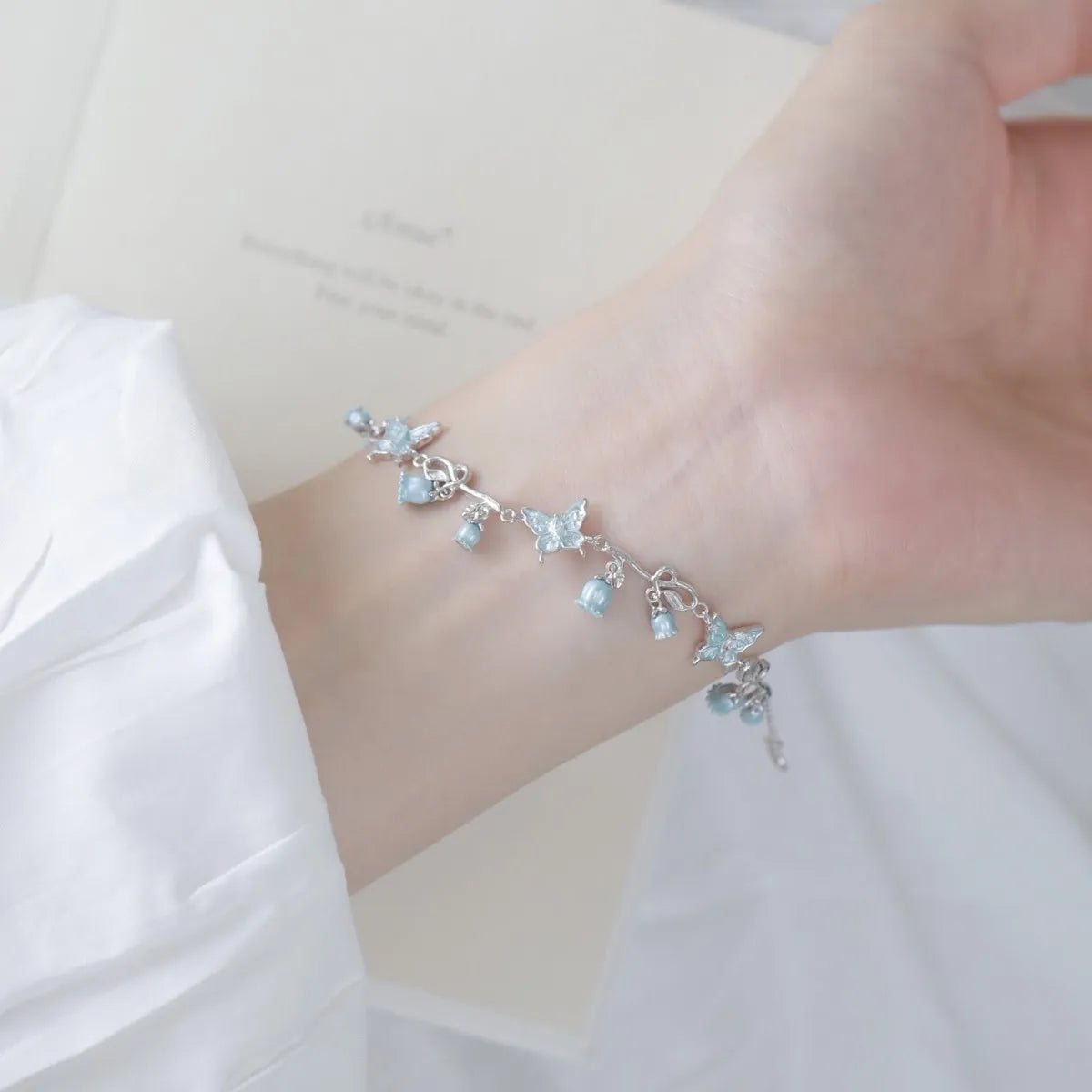 925 Sterling Silver Butterfly & Lily of the Valley Necklace and Bracelet Set with Gift Box
