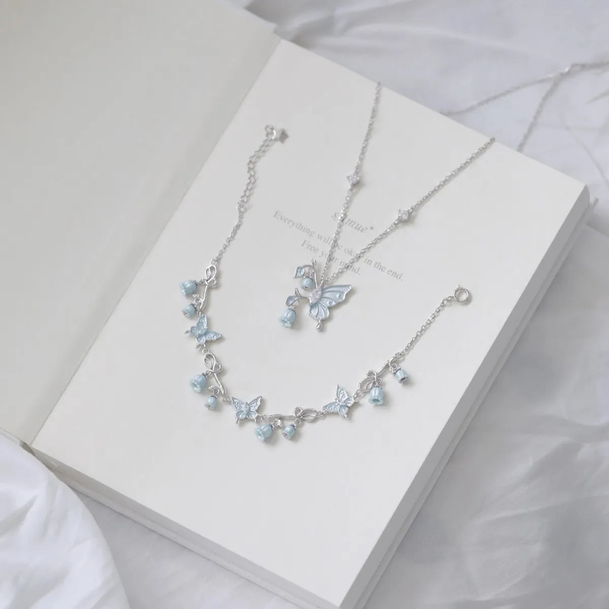 925 Sterling Silver Butterfly & Lily of the Valley Necklace and Bracelet Set with Gift Box