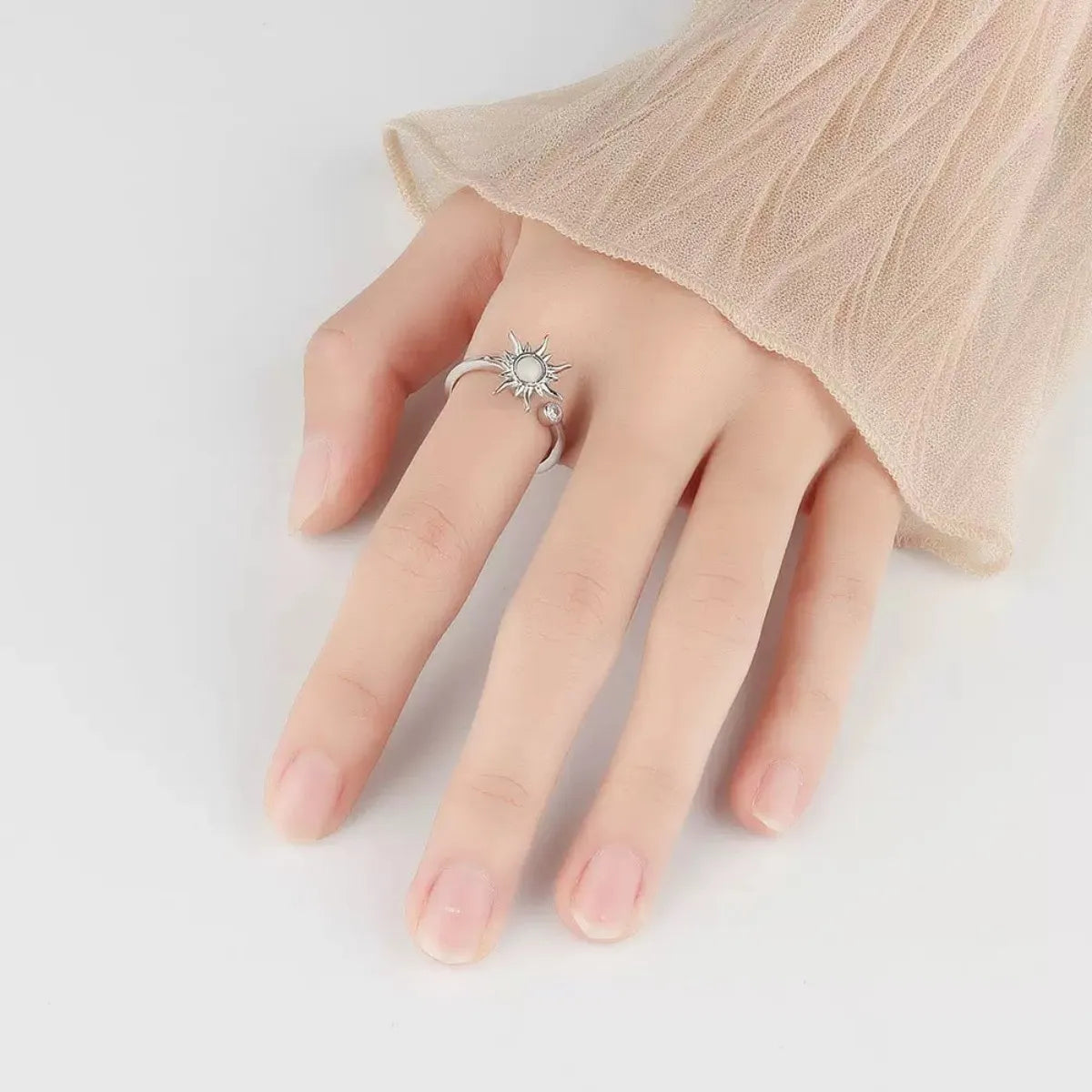 925 Sterling Silver Rotating Sun Moonstone Ring Adjustable with Gift Box Packaging