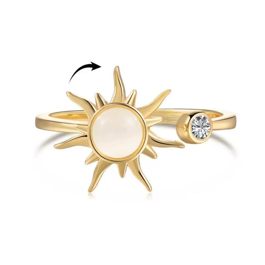 925 Sterling Silver Rotating Sun Moonstone Ring Adjustable with Gift Box Packaging
