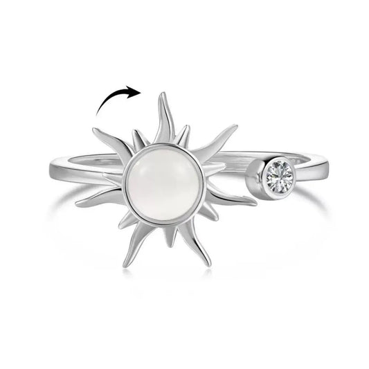 925 Sterling Silver Rotating Sun Moonstone Ring Adjustable with Gift Box Packaging