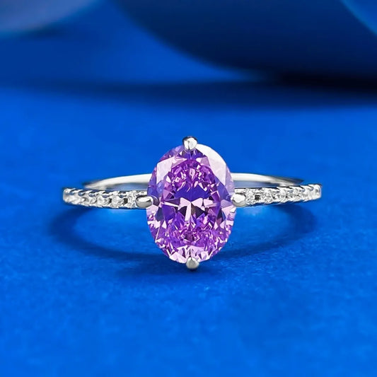 925 Sterling Silver Oval Lavender Solitaire Ring with Pavé Band Gift Ready