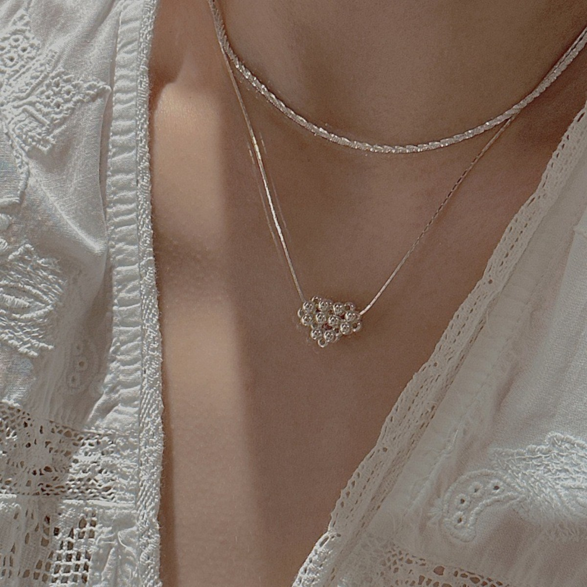 S925 Sterling Silver Beaded Heart Necklace Adjustable 45+5 cm