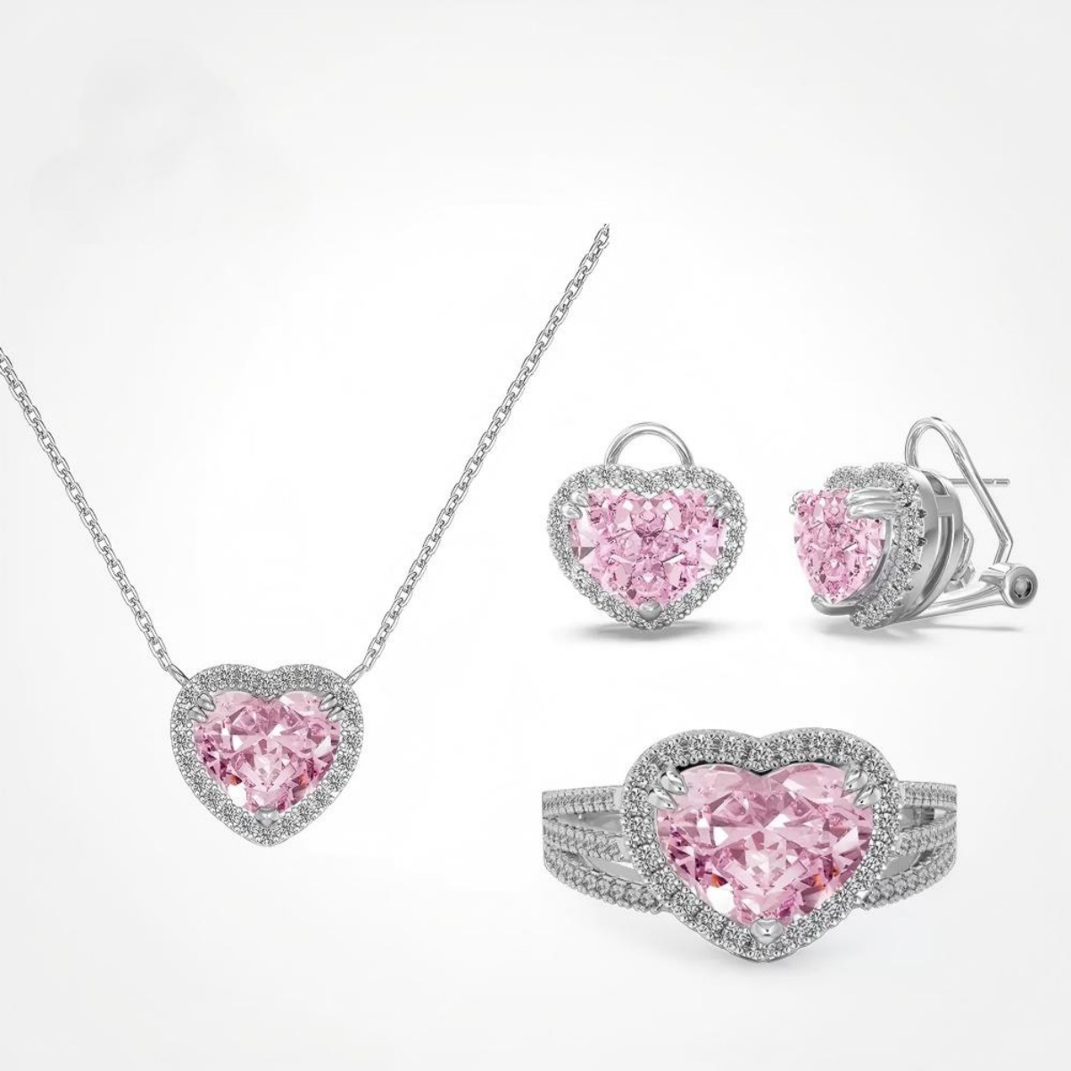 S925 Sterling Silver Pink Heart Jewelry Set Necklace Ring Earrings