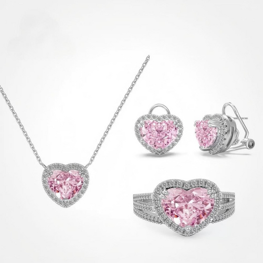 S925 Sterling Silver Pink Heart Jewelry Set Necklace Ring Earrings