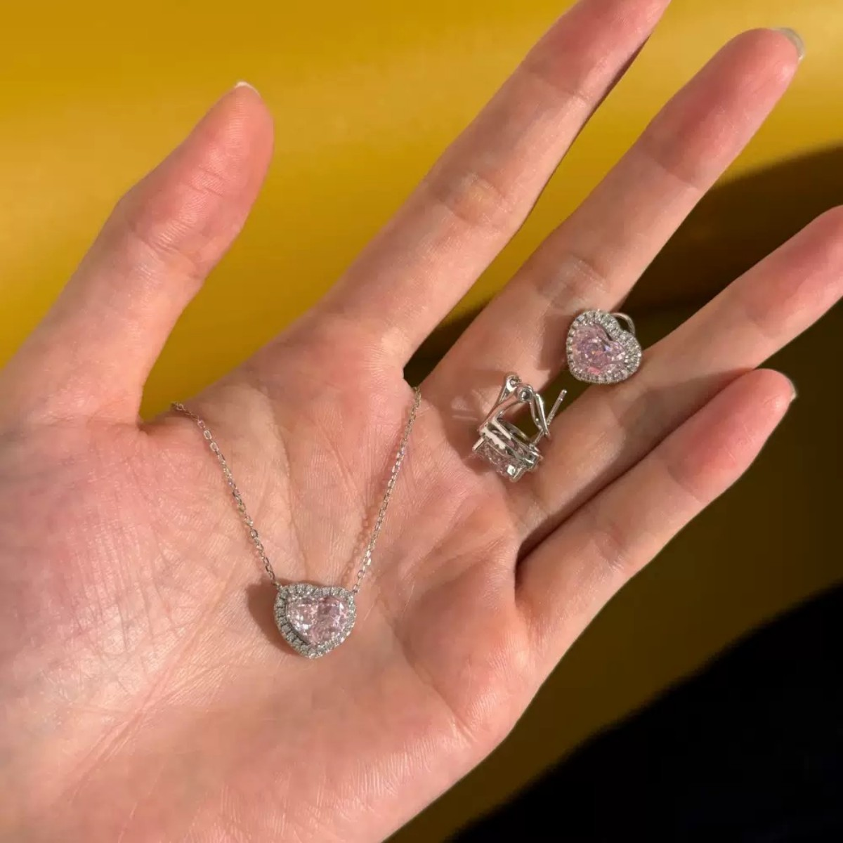 S925 Sterling Silver Pink Heart Jewelry Set Necklace Ring Earrings