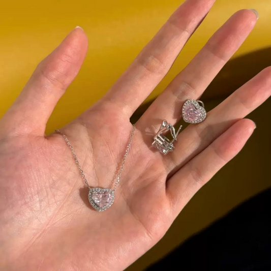 S925 Sterling Silver Pink Heart Jewelry Set Necklace Ring Earrings