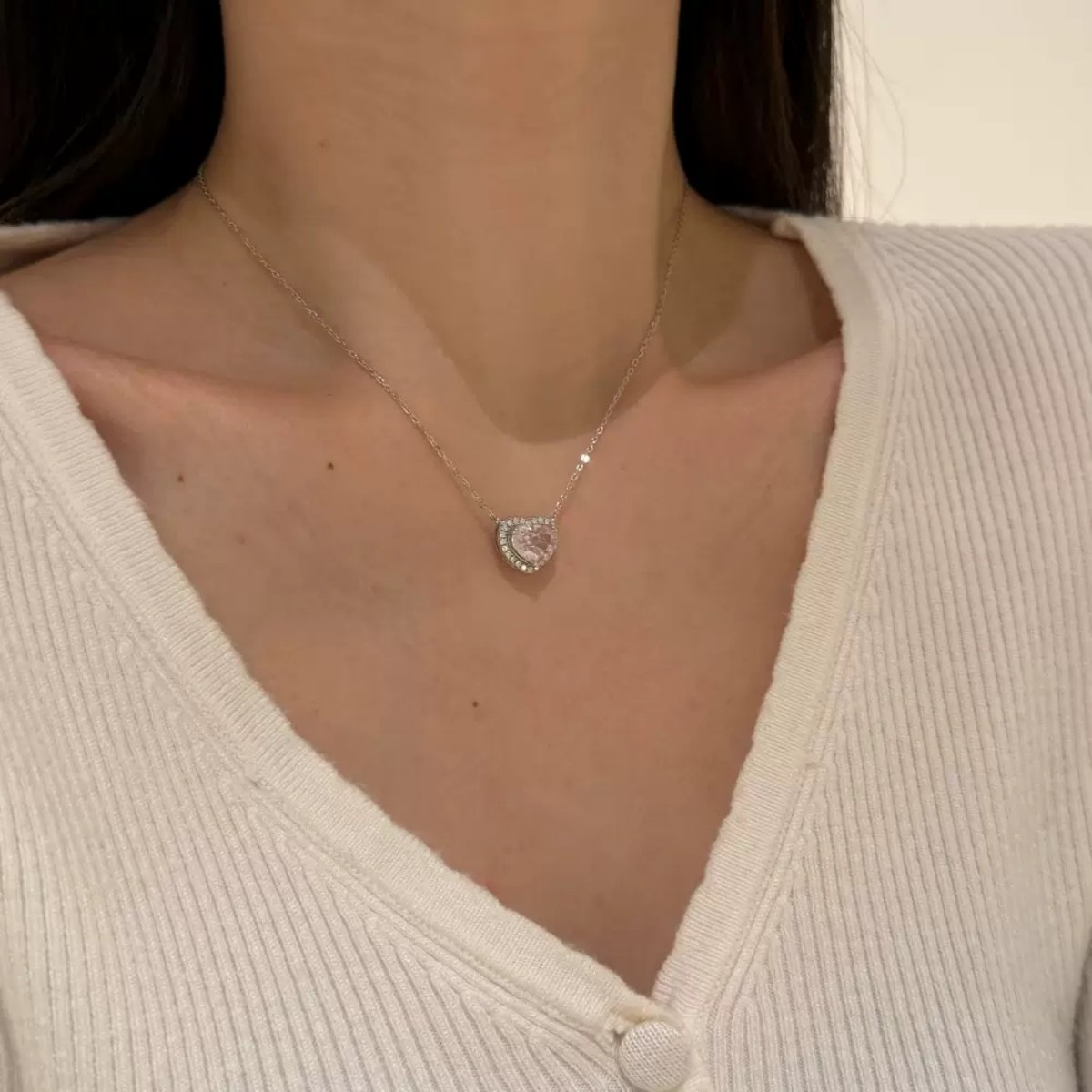S925 Sterling Silver Pink Heart Jewelry Set Necklace Ring Earrings