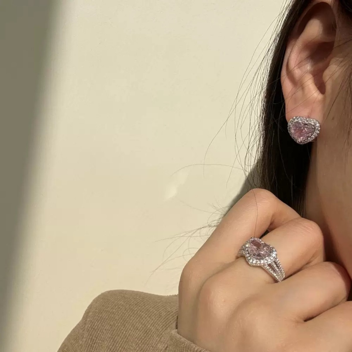 S925 Sterling Silver Pink Heart Jewelry Set Necklace Ring Earrings