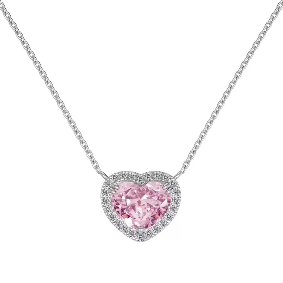 S925 Sterling Silver Pink Heart Jewelry Set Necklace Ring Earrings