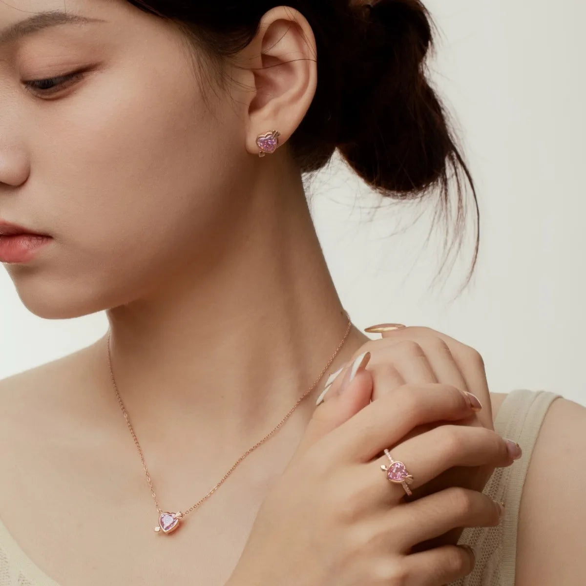 S925 Sterling Silver Pink Heart Jewelry Set Rose Gold Tone Necklace Ring Earrings