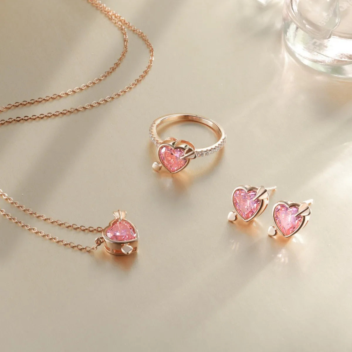 S925 Sterling Silver Pink Heart Jewelry Set Rose Gold Tone Necklace Ring Earrings