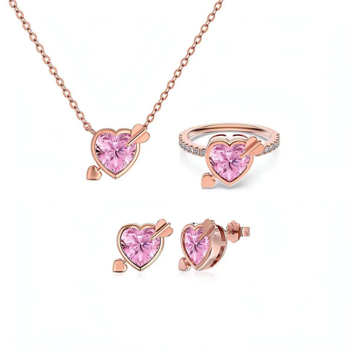 S925 Sterling Silver Pink Heart Jewelry Set Rose Gold Tone Necklace Ring Earrings